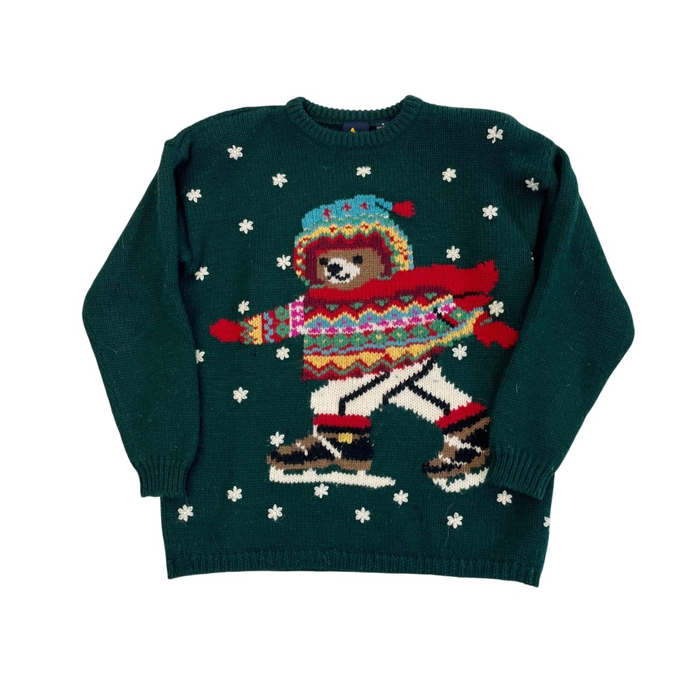 Lizsport Vintage Wool Ice Skating Bear Sweater Green Fair Isle Holiday - MEDIUM